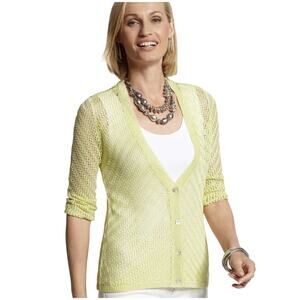 Chico's Crochet Cardigan Size 1 Medium Mother of Pearl Butter Yellow Coastal